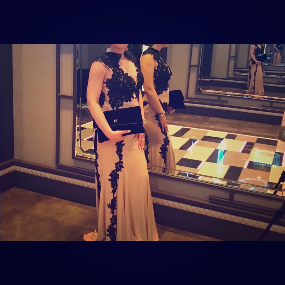 Jovani Beige and Black Lace Gown